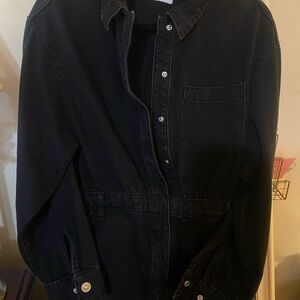 Denim Jumpsuit Romper Distressed Dark Denim, Size Medium